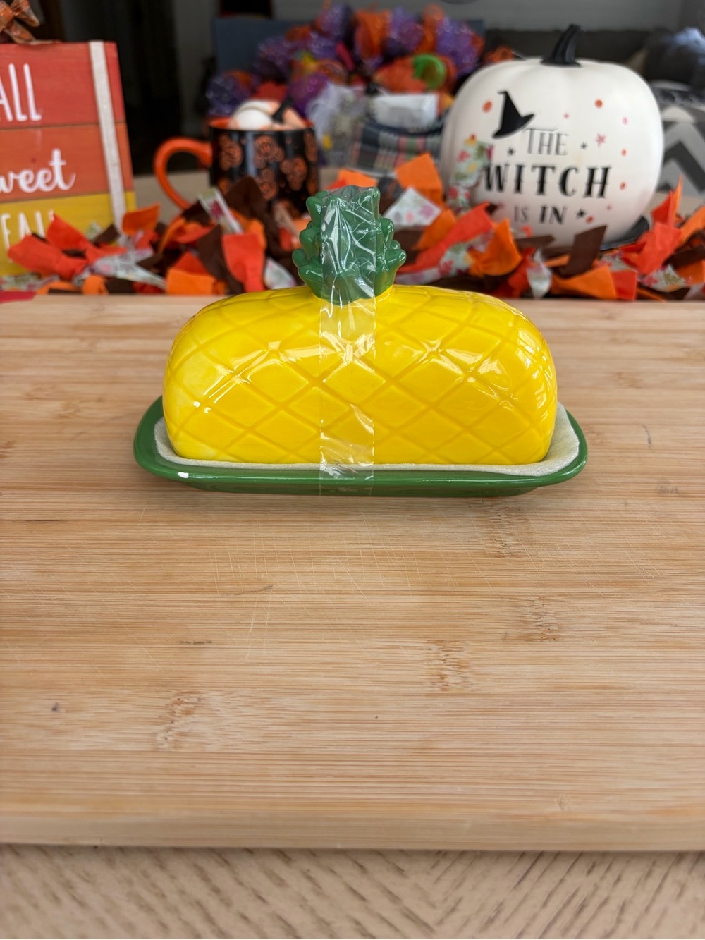 Ceramic Pineapple Butter Dish with Green Base